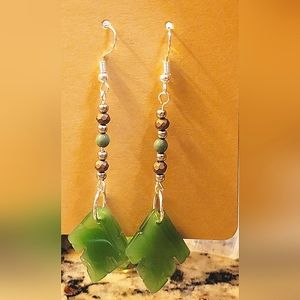 Green leaf statement dangle earrings